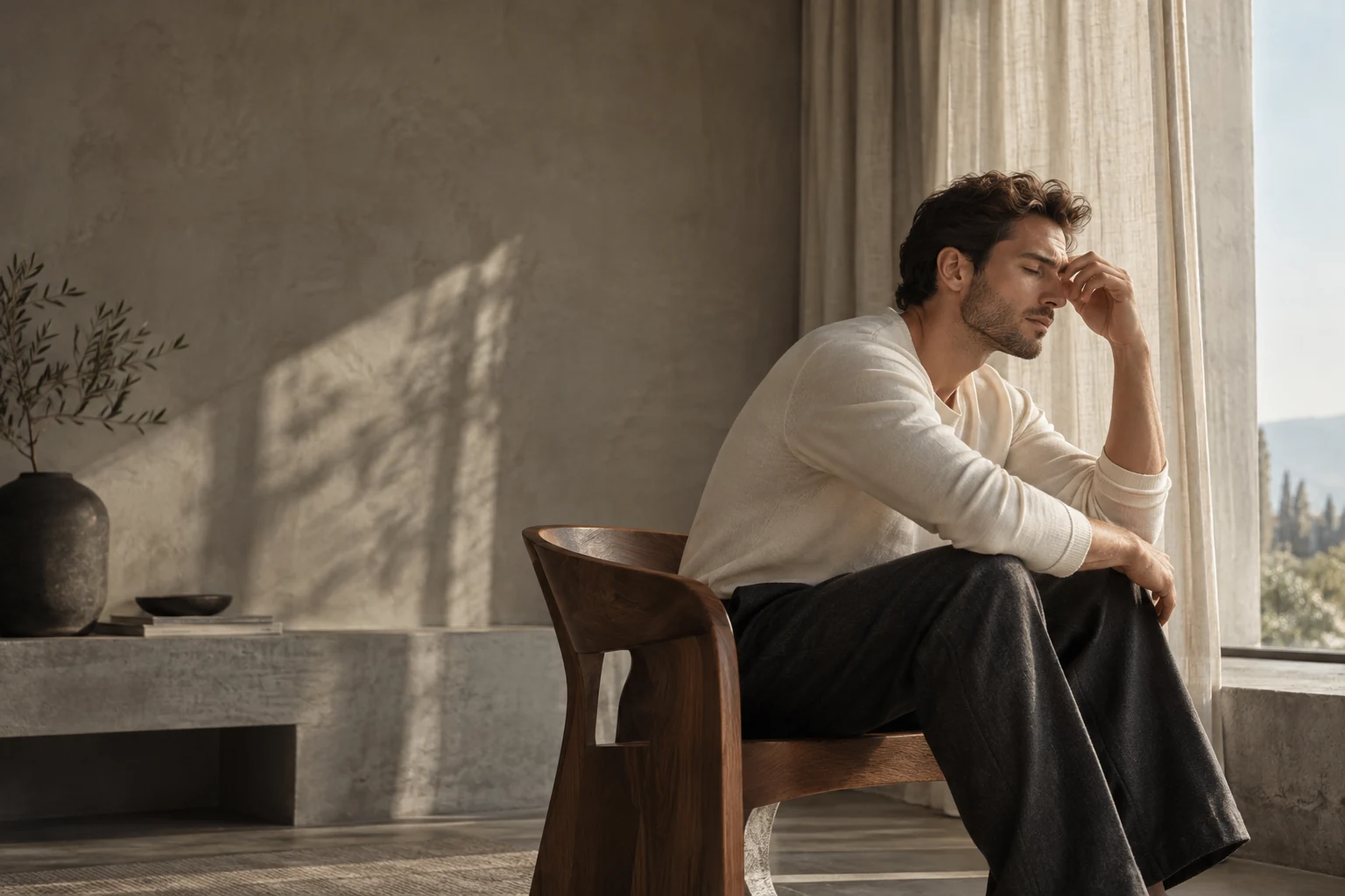 Editorial concept of an athlete resting beside a window