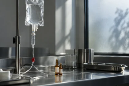 AI-generated editorial still life of an IV bag, unbranded glass ampoules and a steel tray beside a window