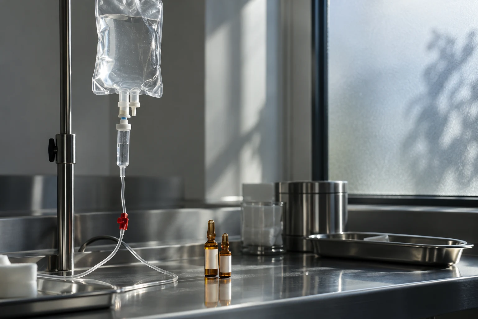 AI-generated editorial still life of an IV bag, unbranded glass ampoules and a steel tray beside a window