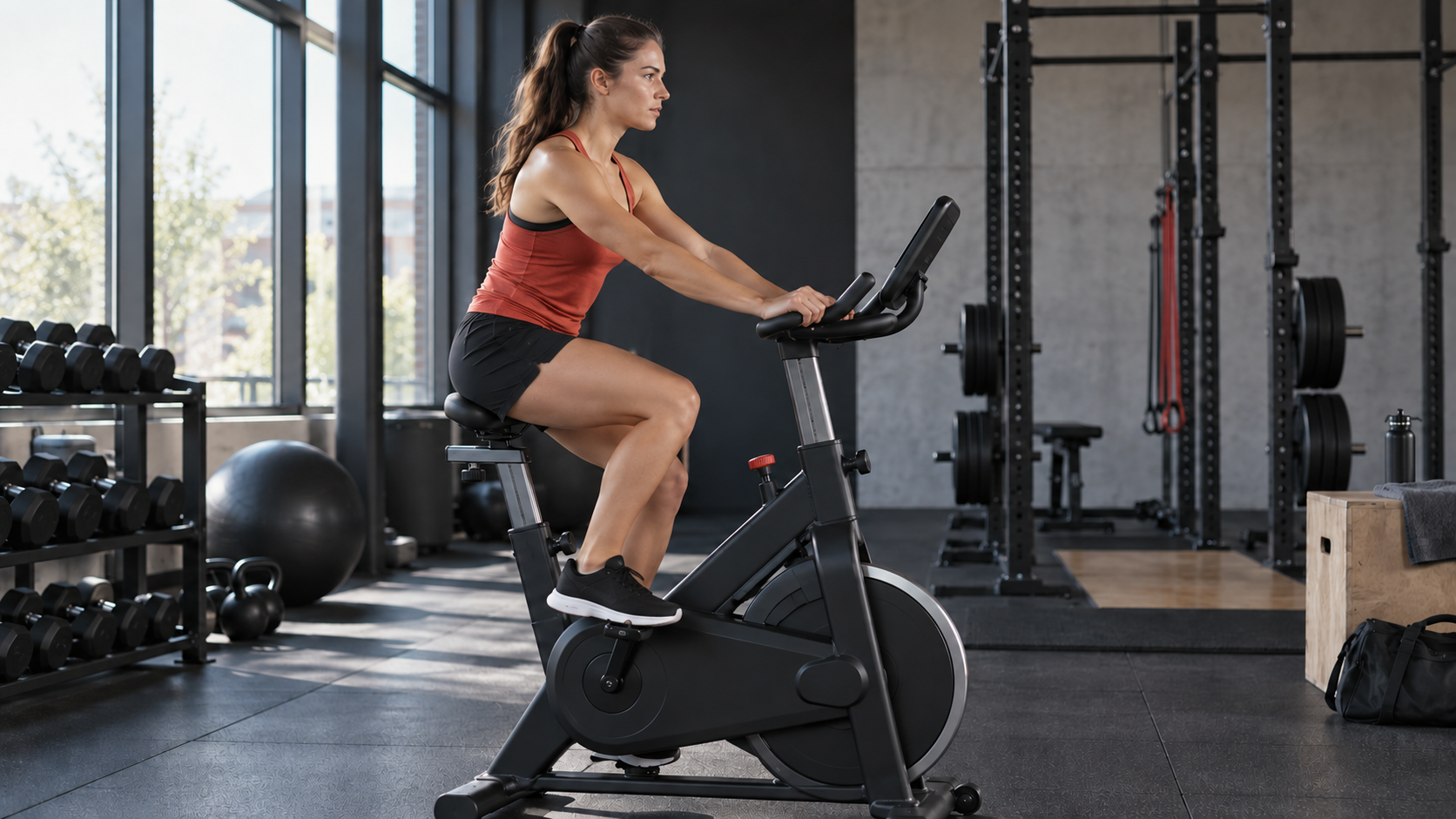 An adult exercising on a stationary bicycle in a gym.