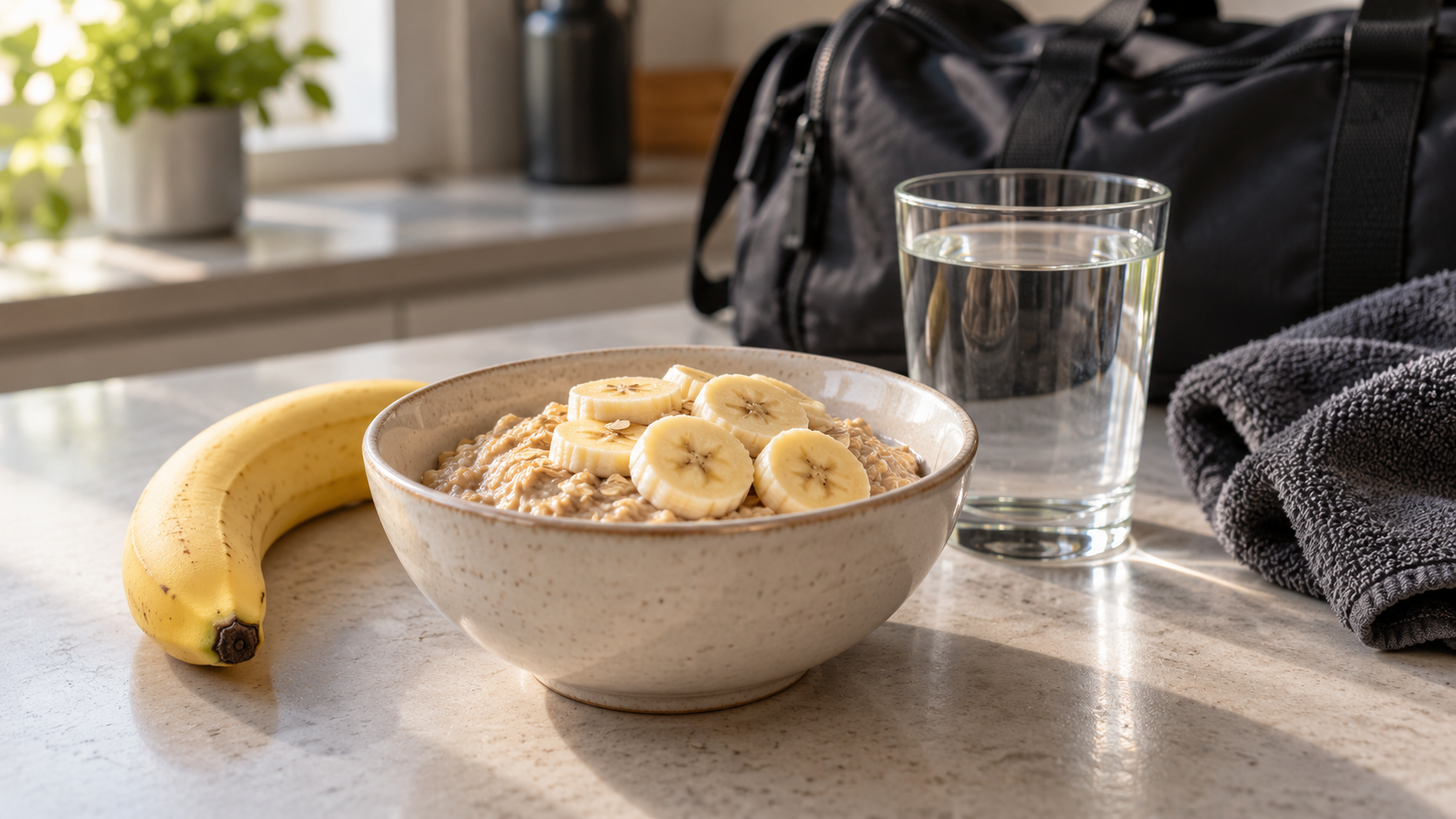 Oatmeal topped with banana, with a banana and a glass of water beside a gym bag.