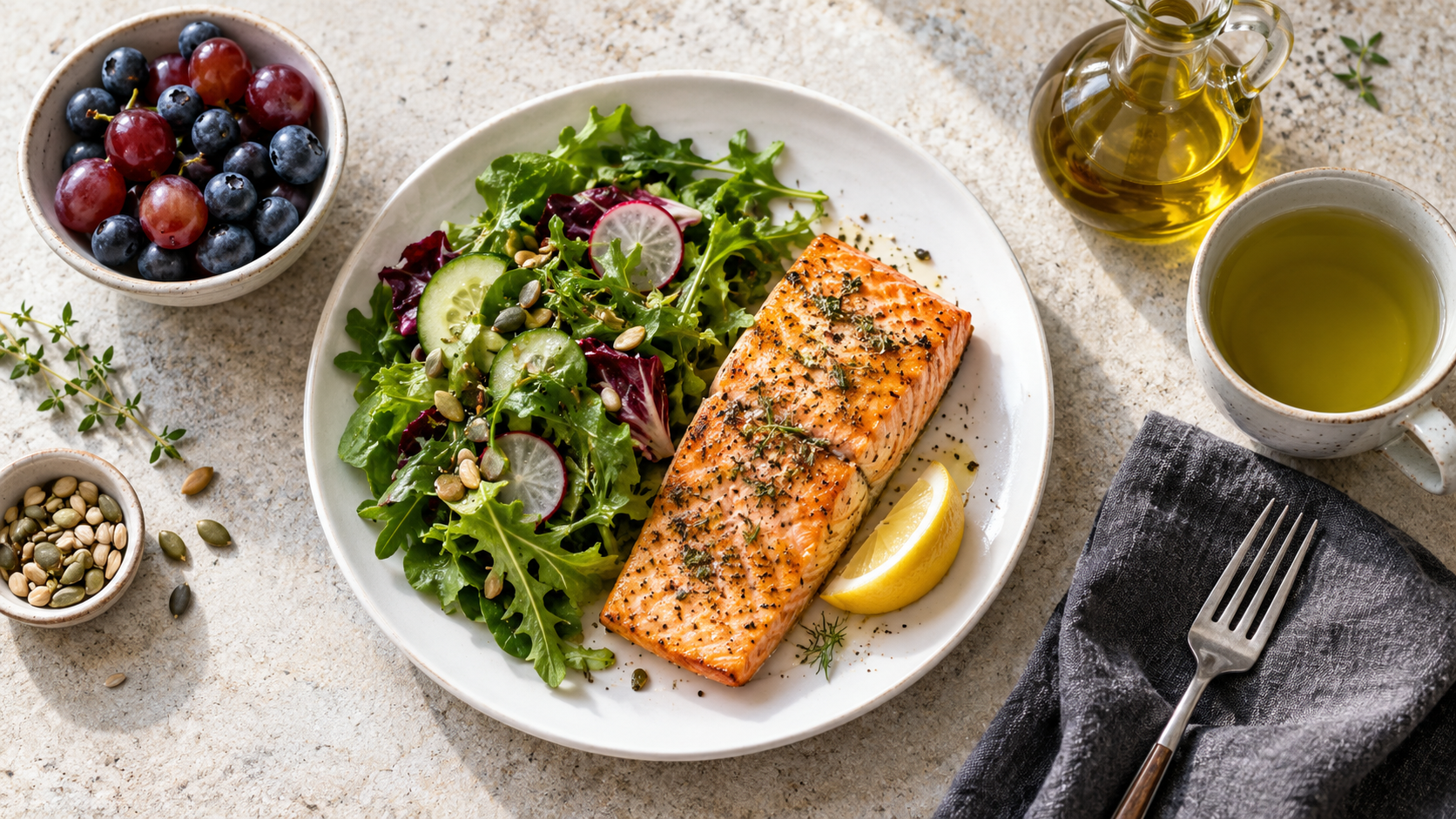 Salmon and salad with blueberries, grapes, olive oil and green tea on a pale table.