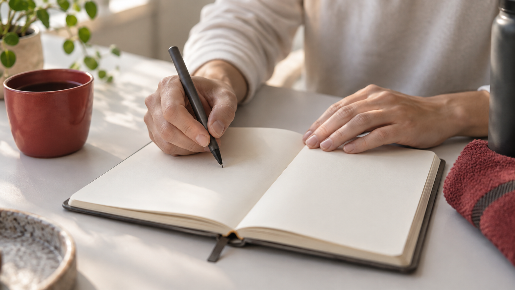 Hands holding a pen over a blank journal on a sunlit desk.