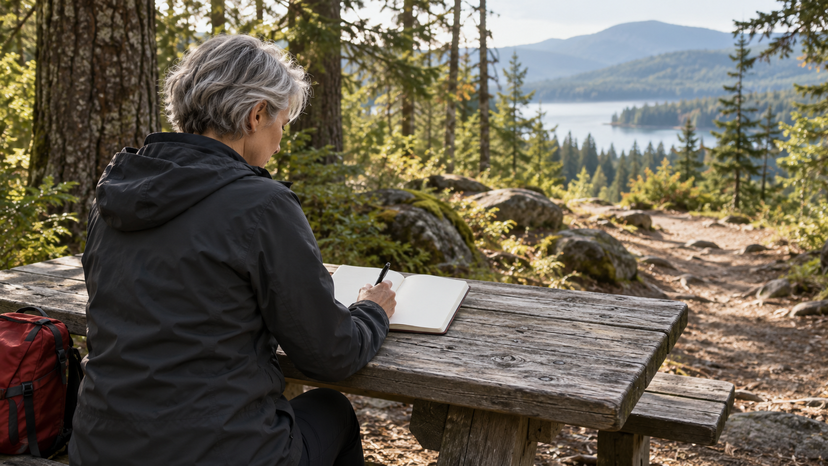 A fictional gray-haired adult journaling at a woodland picnic table overlooking a trail and lake.