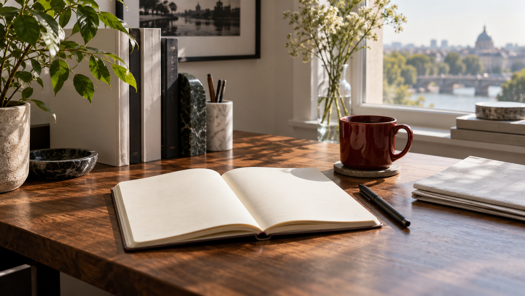 An open blank notebook and red cup on a sunlit editor’s desk.