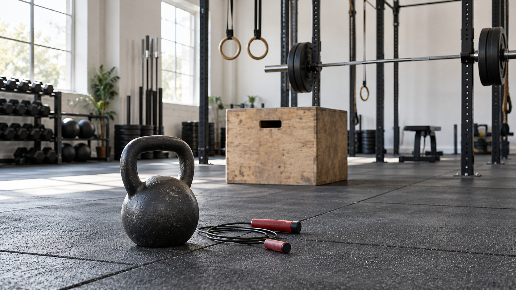 A kettlebell, jump rope, plyometric box and racked barbell in an empty training gym.