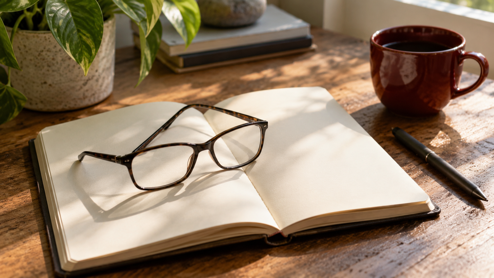 Reading glasses on an open blank notebook beside a pen and red cup.