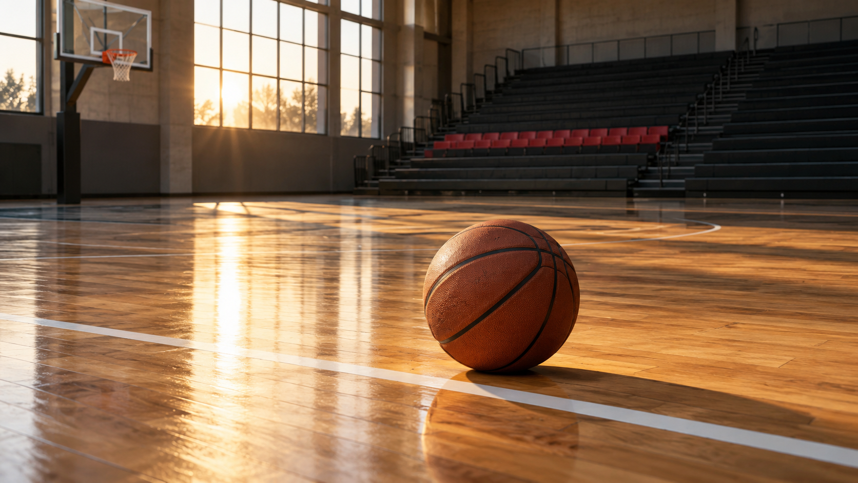 A basketball resting on an empty court in morning sunlight.