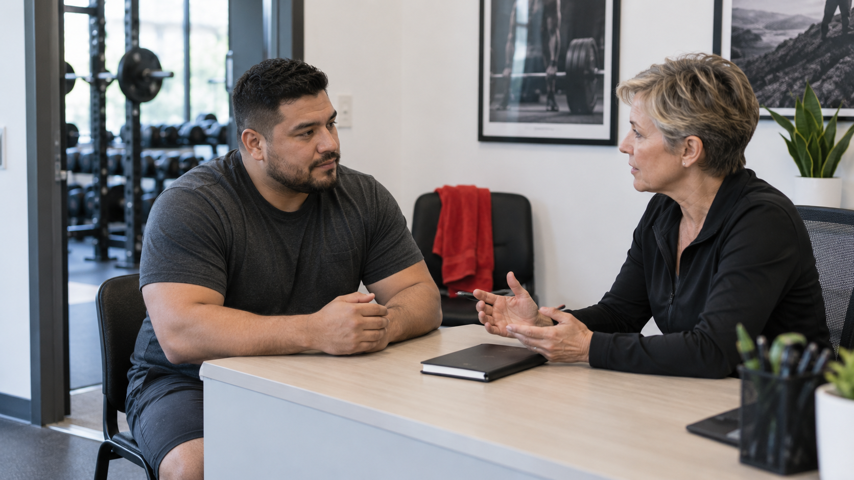 Two fictional adults having a calm sports-care conversation in a gym office.