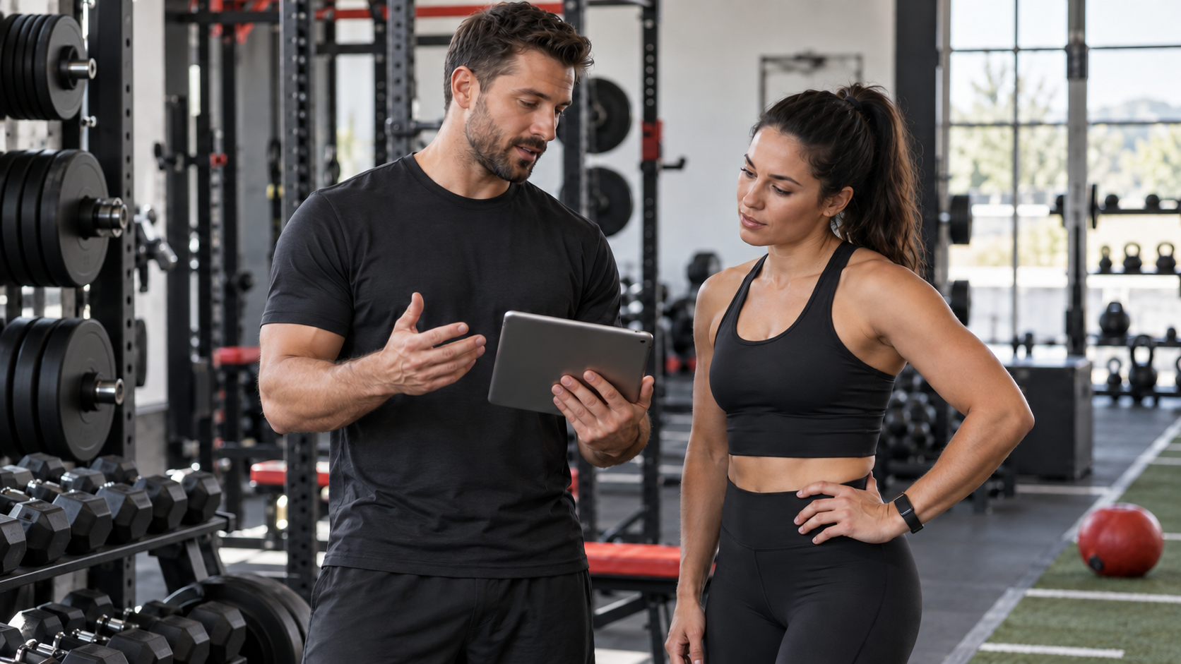 A coach holding a tablet while discussing training with an athlete in a gym.