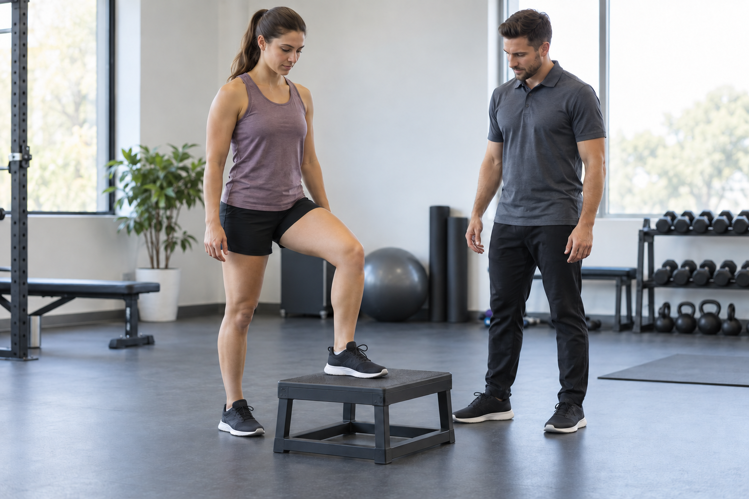 An adult practicing a step onto a low platform while another adult observes.