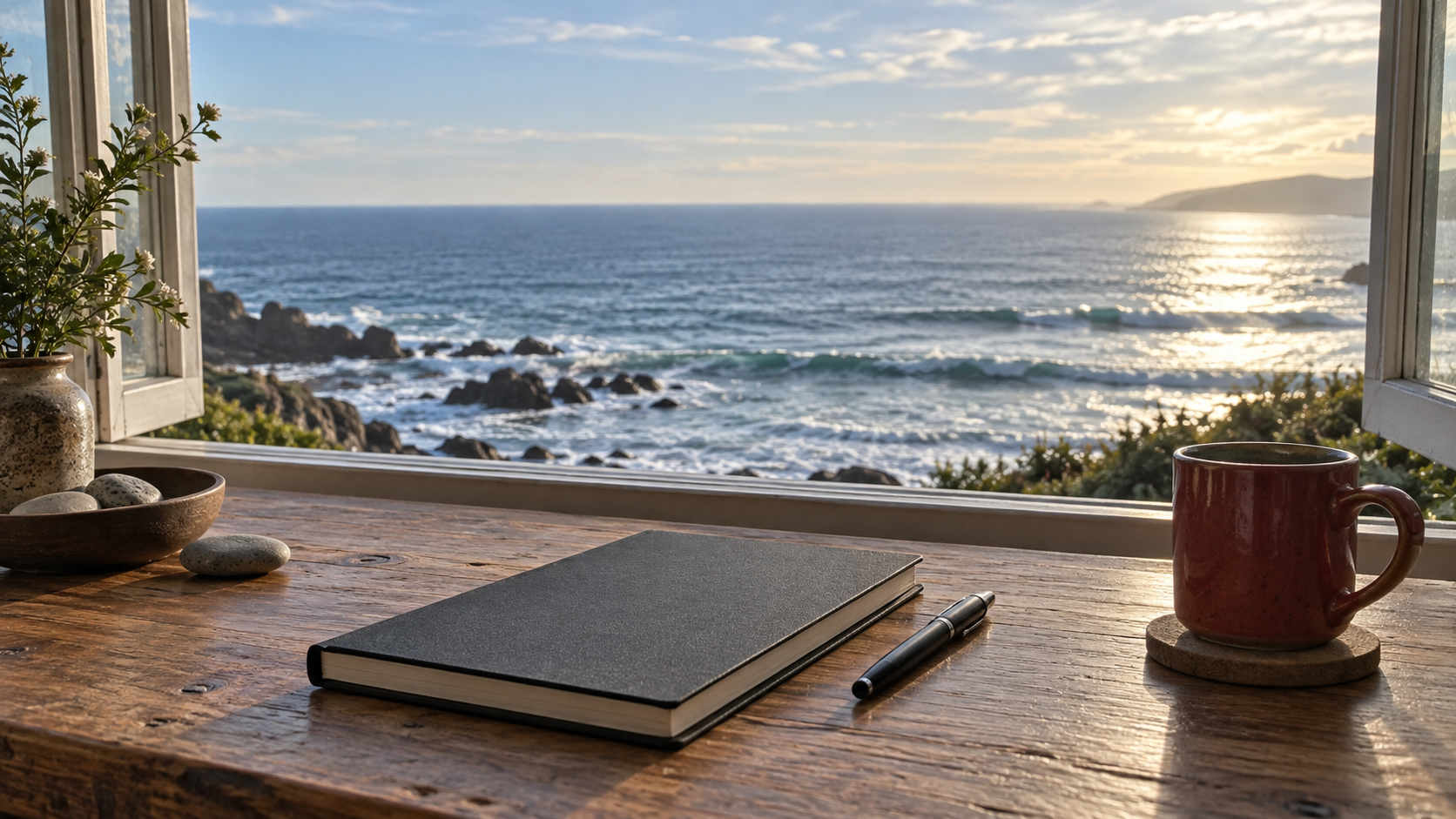 A closed notebook and cup on a writing desk overlooking the sea.