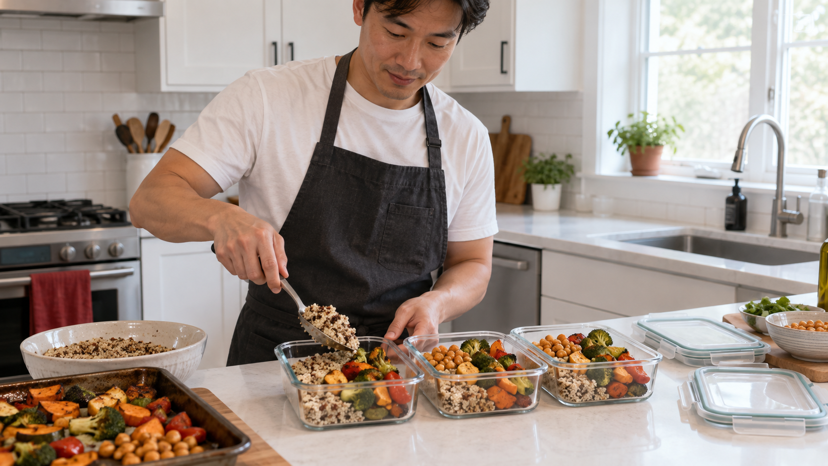 A fictional adult portioning quinoa, chickpeas and roasted vegetables into glass food containers.