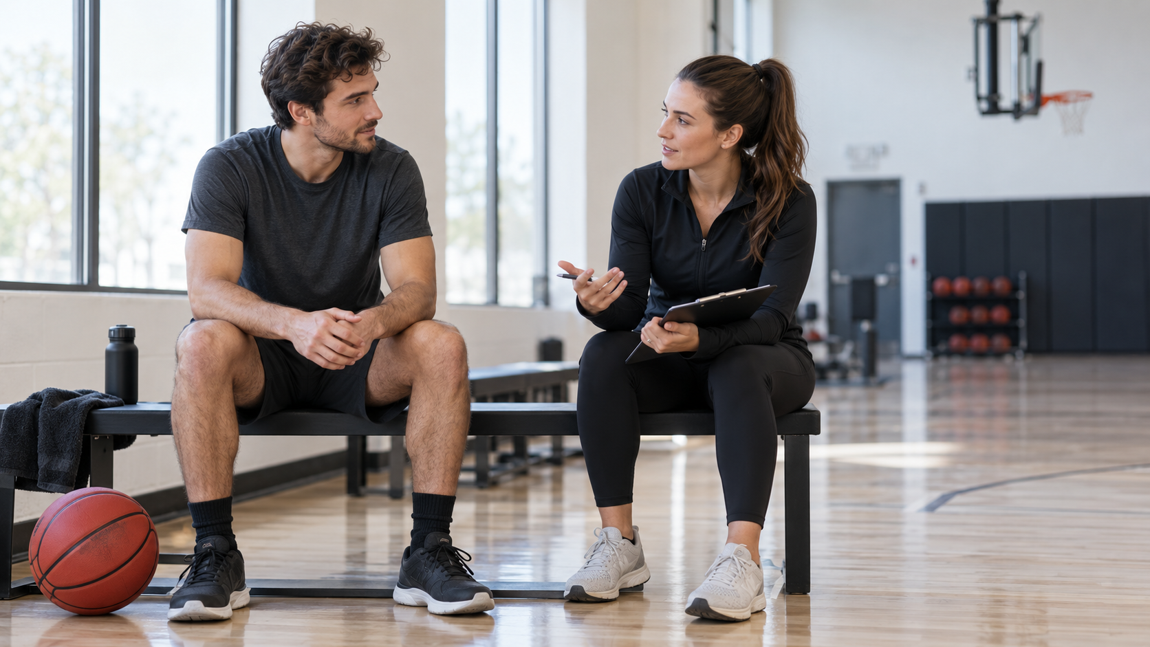 Two fictional adults discussing training while seated beside a basketball in a sports hall.