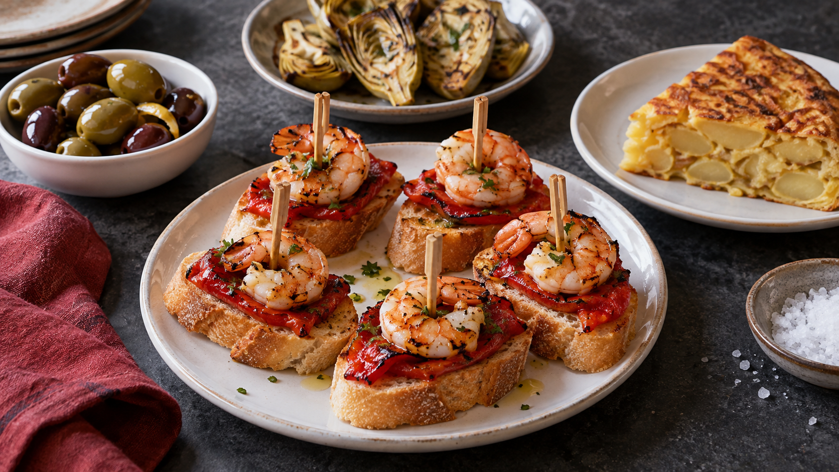 Shrimp and roasted-pepper pinchos with olives, artichokes and Spanish potato tortilla.