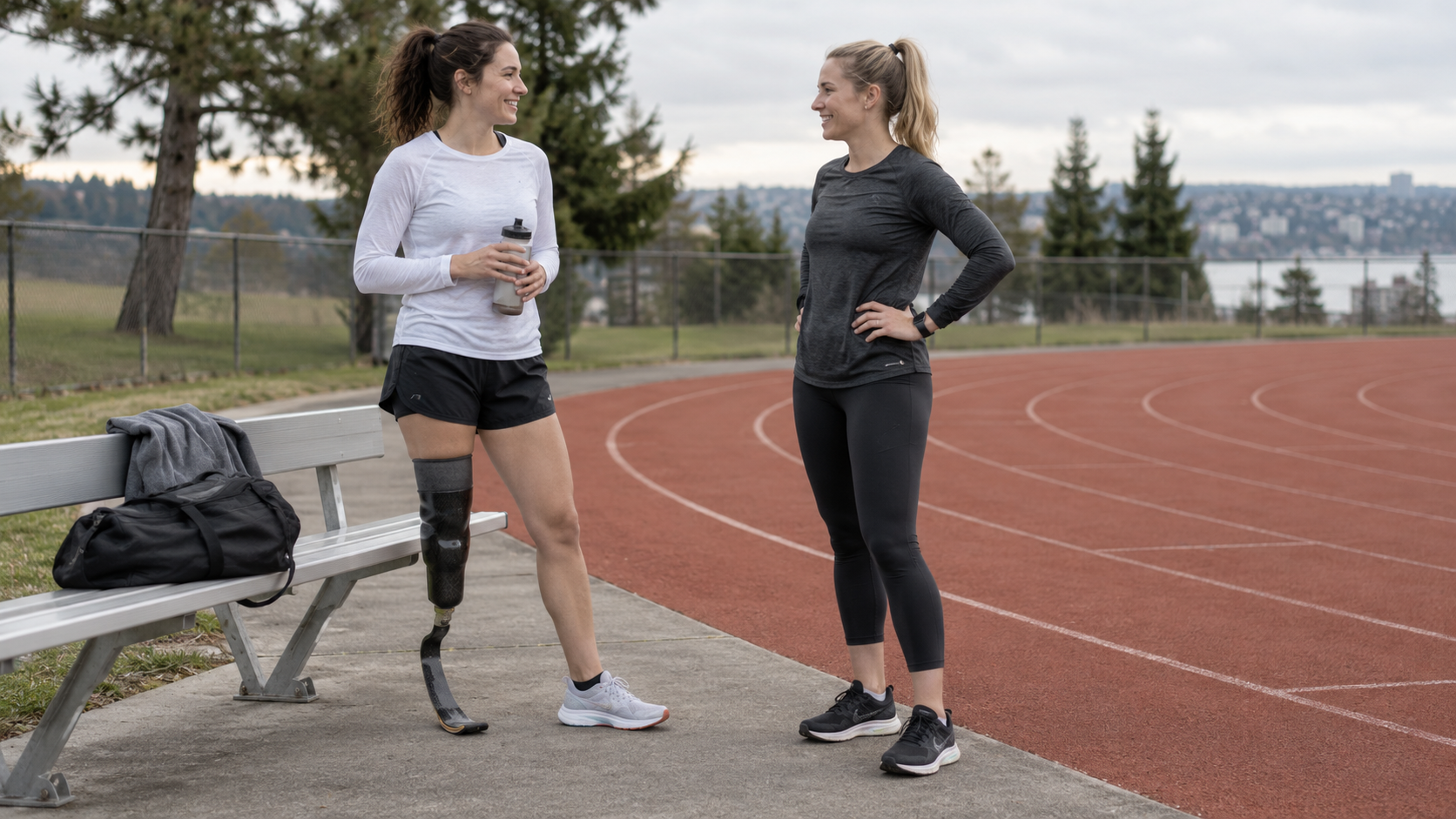 A fictional runner with a below-knee running prosthesis talking with a training partner beside a track.