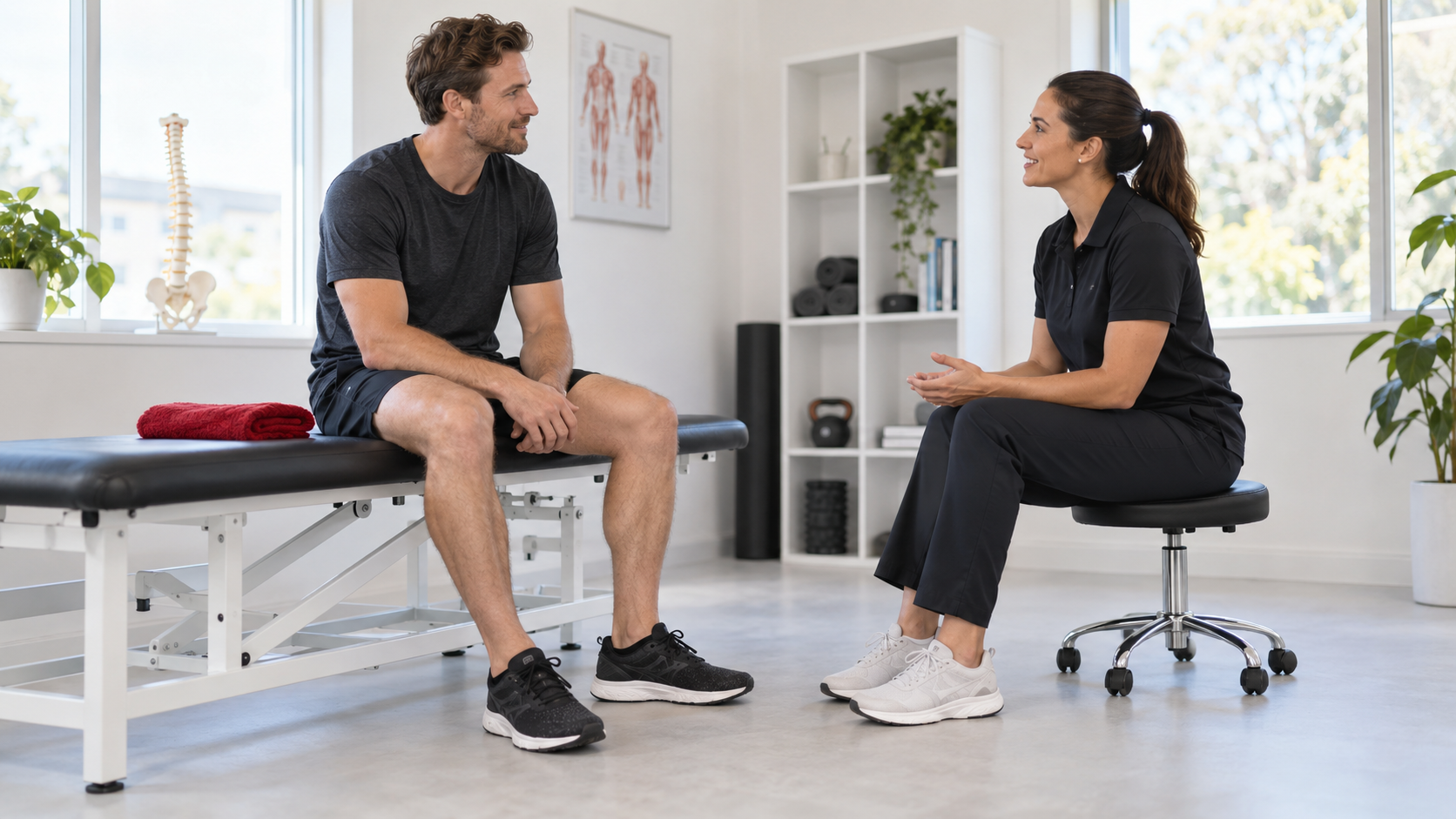 A fictional runner and physiotherapist having a seated conversation in a bright consultation room.