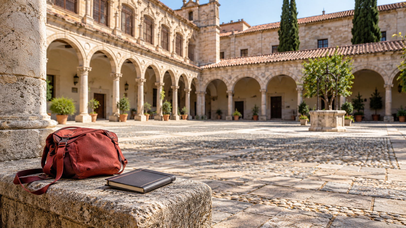 A red travel bag and closed notebook rest in a sunlit Spanish-style courtyard.