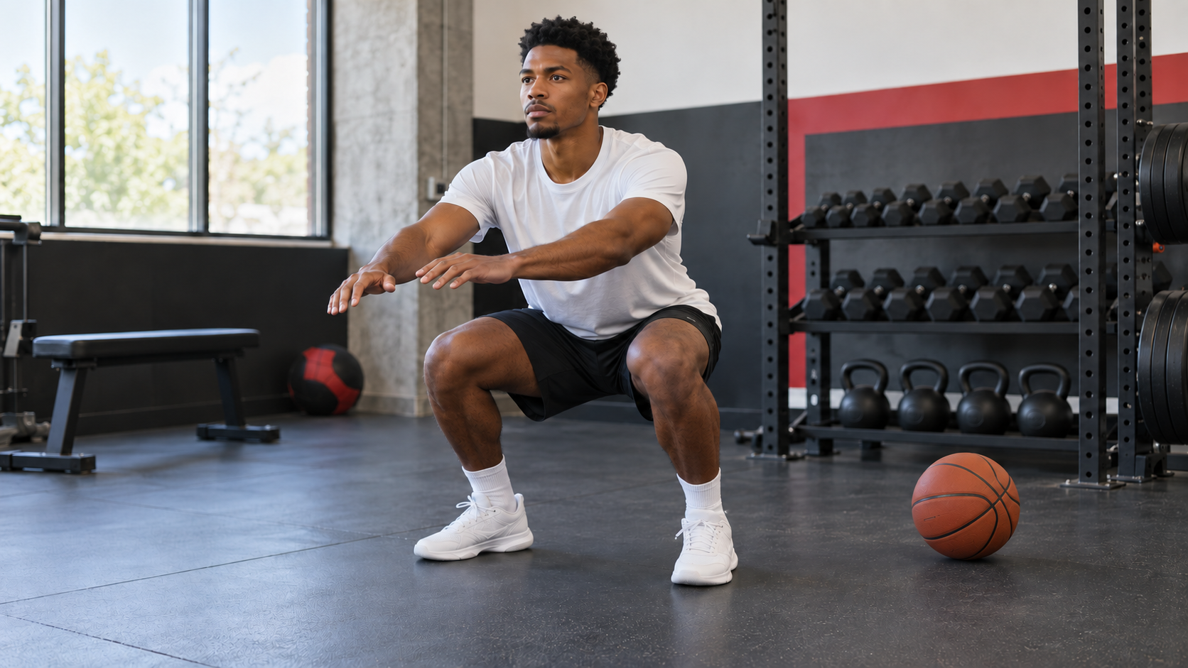 An adult practicing a bodyweight squat in a gym with a basketball beside them.