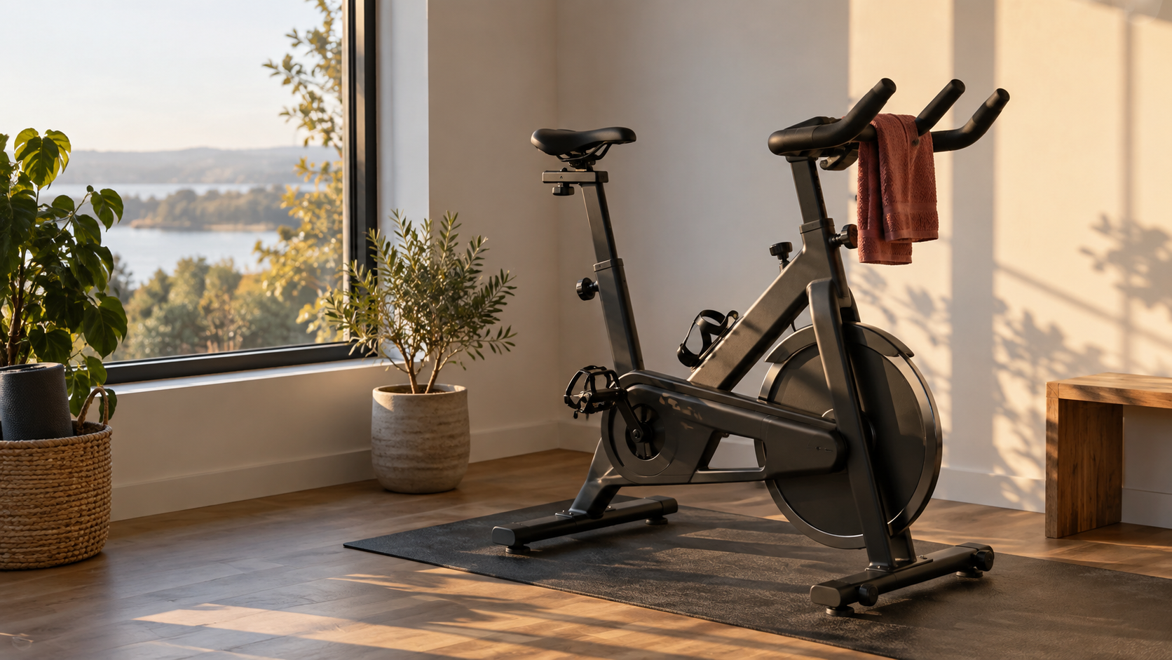 An empty stationary bike beside a window in low-angle afternoon sunlight.