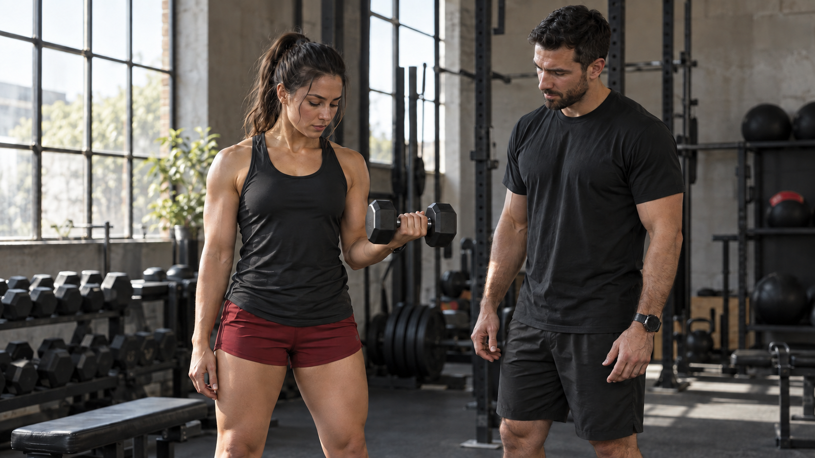 An athlete training with a dumbbell while a coach observes in a gym.