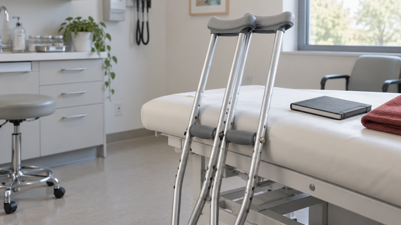 A pair of crutches rests against an empty orthopaedic examination bench.