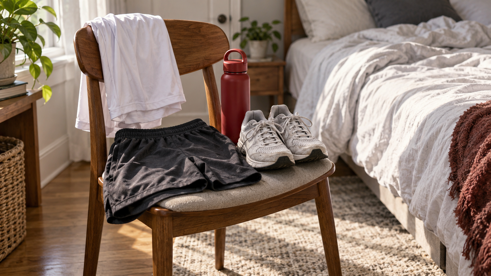 Plain workout clothes, running shoes and a red bottle laid out on a bedroom chair.