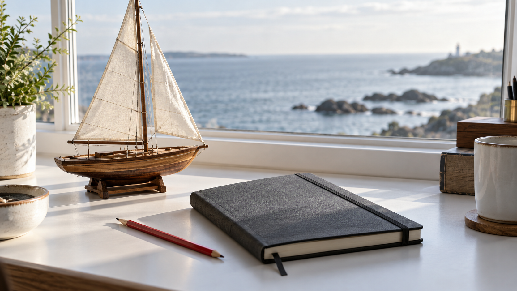 A wooden sailboat model beside a plain notebook and red pencil overlooking a calm coast.