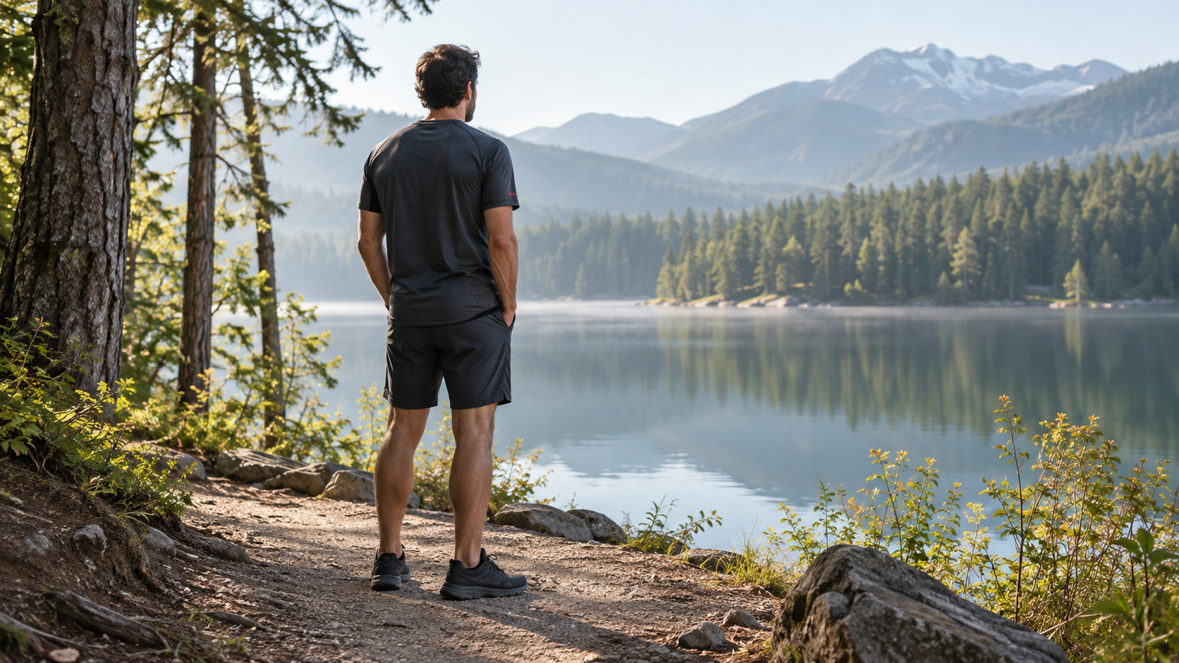 A runner pauses beside a mountain lake on a wooded trail.