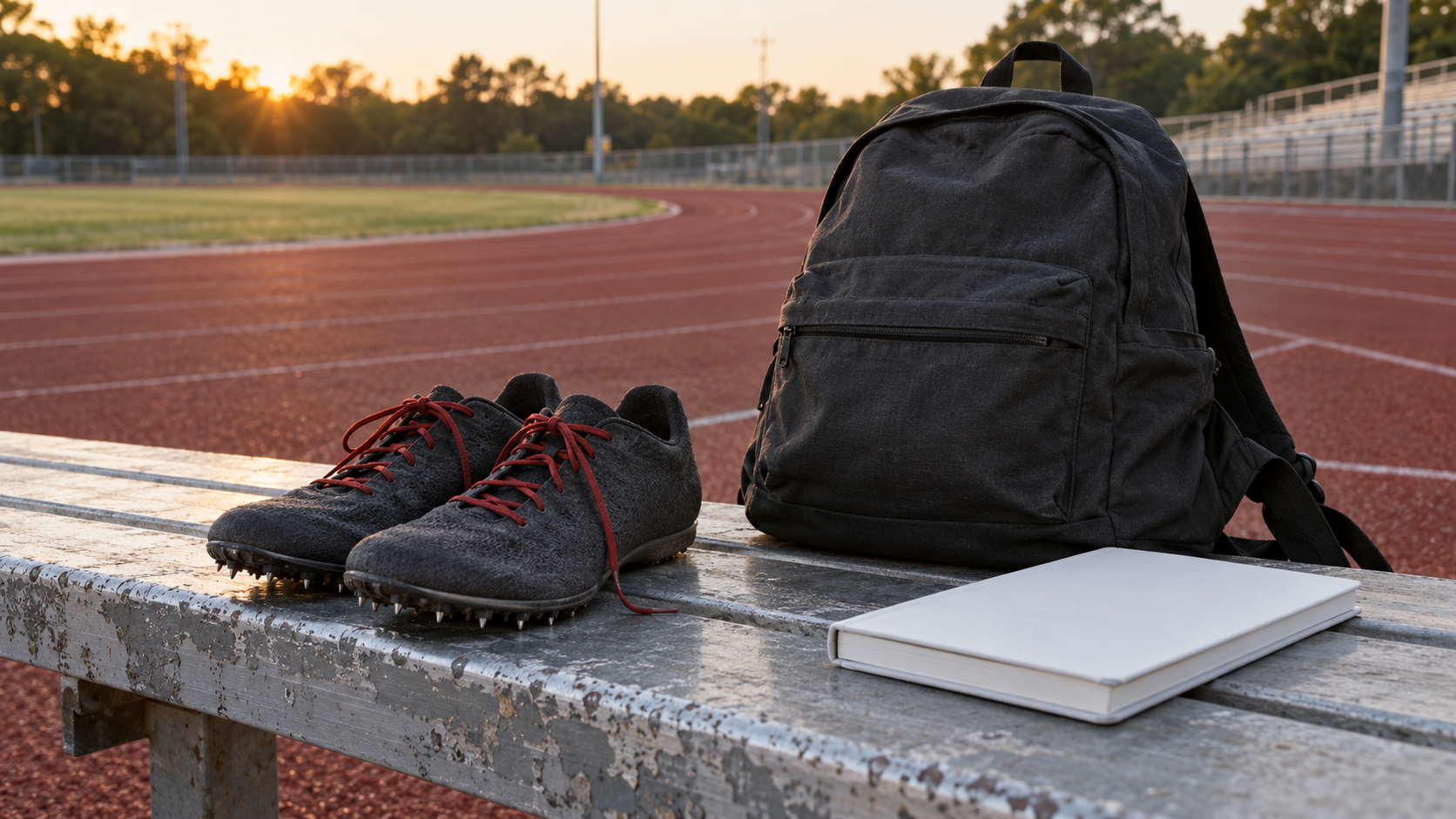 Plain running spikes, a backpack and notebook rest beside an empty athletics track.